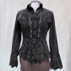Embroidered & Flourished Denim Blouse w/Scalloped Hem & Wrists